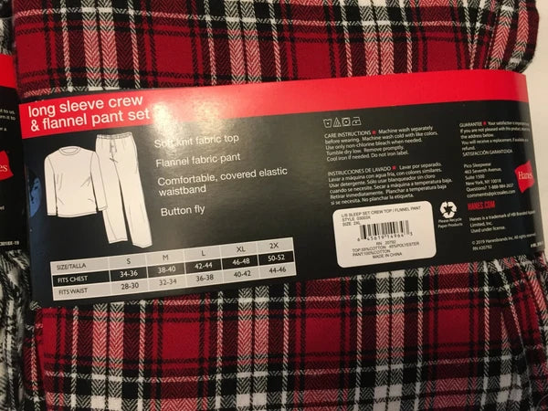 NWT Men's Hanes Long Sleeve Crew Top - Flannel Pant - Set Pajamas PJs Red / Gray
