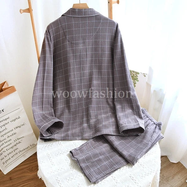 Men Cotton Gauze Long Sleeve Pajamas Set Sleepwear & Loungewear Button Down Pjs