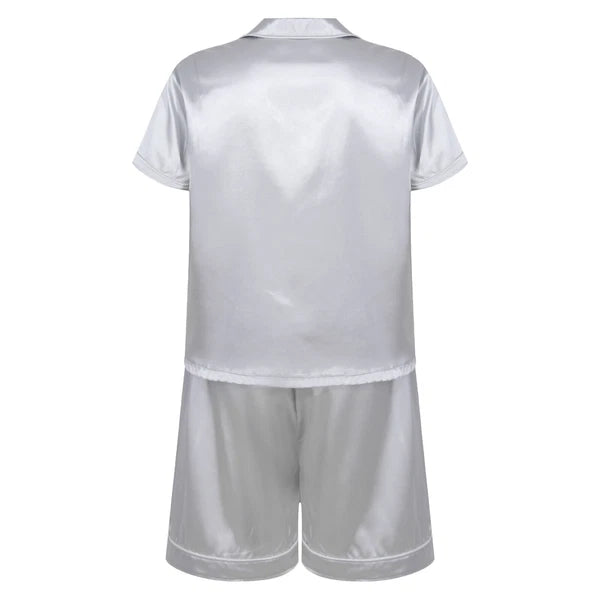 Mens Shiny Satin Pajamas Set Short Sleeves Button Down Shirt with Boxer Short