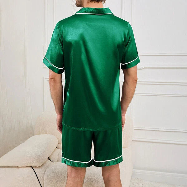 Mens Pajamas  Silk Satin Set Top and Shorts Sleepwear Nightwear Casual Pyjamas