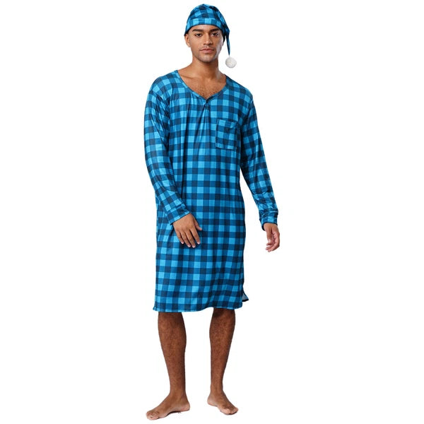 Mens Nightwear Satin Silk Pajama Set  long Sleeve and hat Sleepwear Nightgown