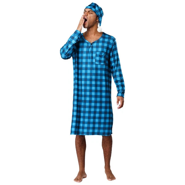 Mens Nightwear Satin Silk Pajama Set  long Sleeve and hat Sleepwear Nightgown