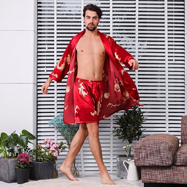 Men Silk Like Pyjama Set Dragon Print Pajamas Dressing Gown Robe Sleepwear Loose