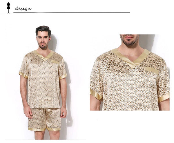 Mens 100% Silk Print Sleepwear T-shirt Top & Shorts Set Silk Pajamas Set S M L