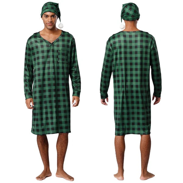 Mens Nightwear Satin Silk Pajama Set  long Sleeve and hat Sleepwear Nightgown