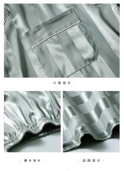 Mens Pajamas Nightwear Long Sleeve Sleep Tops Trousers Thin Ice Silk Pajamas Set