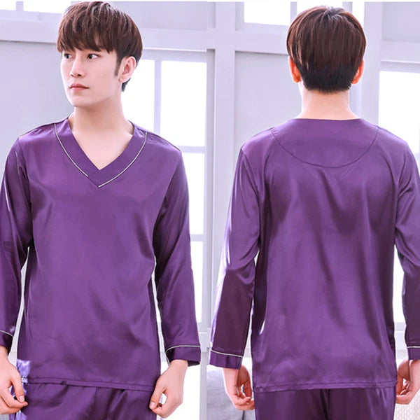 NWT 2PCS Mens Silk Satin Pajamas Sleepwear Pyjamas PJS Long Sleeve M031 M L XL
