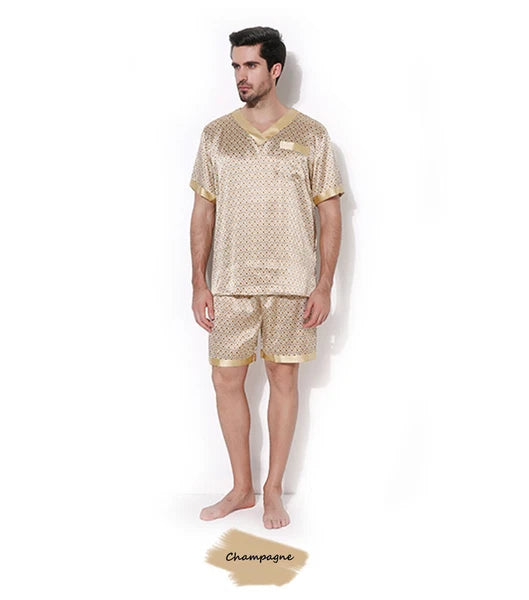 Mens 100% Silk Print Sleepwear T-shirt Top & Shorts Set Silk Pajamas Set S M L
