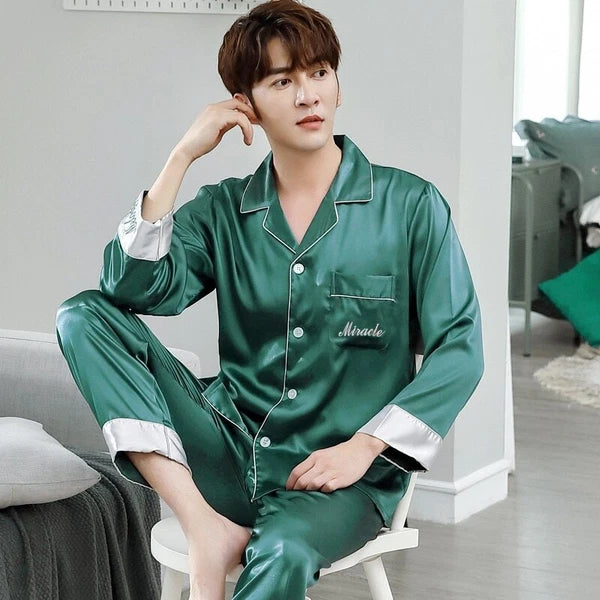 Mens Pajamas Nightwear Long Sleeve Sleep Tops Trousers Thin Ice Silk Pajamas Set