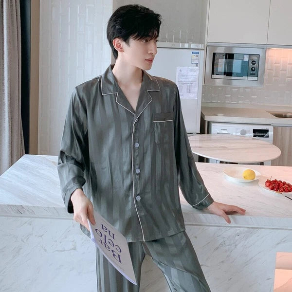 Mens Pajamas Nightwear Long Sleeve Sleep Tops Trousers Thin Ice Silk Pajamas Set