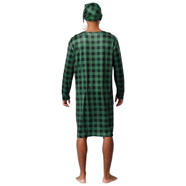 Mens Nightwear Satin Silk Pajama Set  long Sleeve and hat Sleepwear Nightgown