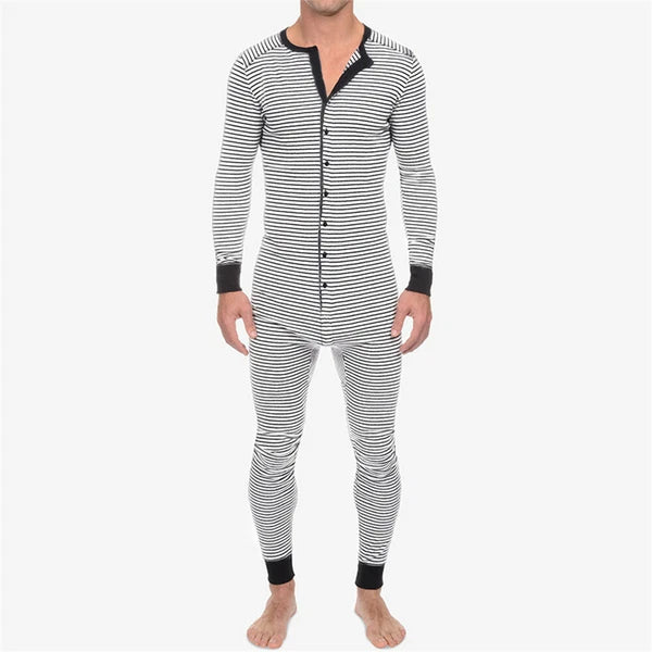 Mens One-Piece Pajamas Long Sleeve Button Bodysuits Jumpsuits Sleepwear Overalls