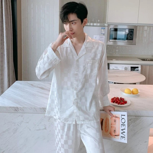 Mens Pajamas Nightwear Long Sleeve Sleep Tops Trousers Thin Ice Silk Pajamas Set