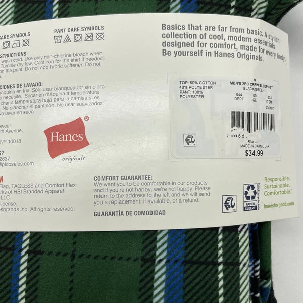S Hanes Originals Men's 2 Pc Plaid Comfort Fleece Sleep Pajama Set Black SMALL