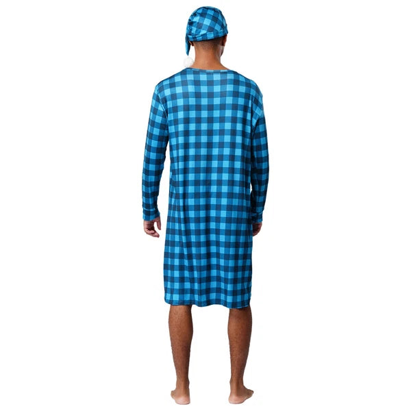 Mens Nightwear Satin Silk Pajama Set  long Sleeve and hat Sleepwear Nightgown