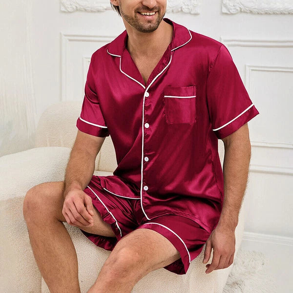 Mens Pajamas  Silk Satin Set Top and Shorts Sleepwear Nightwear Casual Pyjamas