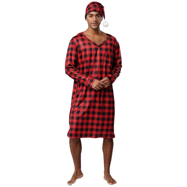 Mens Nightwear Satin Silk Pajama Set  long Sleeve and hat Sleepwear Nightgown