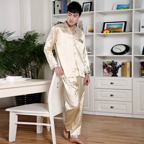 NWT 2PCS Mens Silk Satin Pajamas Sleepwear Pyjamas PJS Long Sleeve M024  M,L,XL