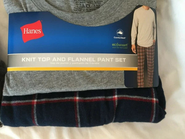 NWT Men's Hanes Long Sleeve Crew Top - Flannel Pant - Set Pajamas PJs Red / Gray