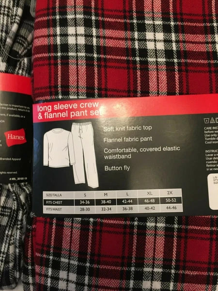 NWT Men's Hanes Long Sleeve Crew Top - Flannel Pant - Set Pajamas PJs Red / Gray
