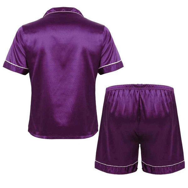 Mens Shiny Satin Pajamas Set Short Sleeves Button Down Shirt with Boxer Short
