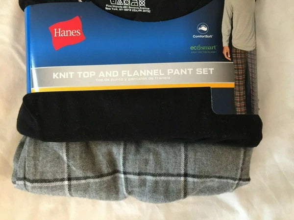 NWT Men's Hanes Long Sleeve Crew Top - Flannel Pant - Set Pajamas PJs Red / Gray