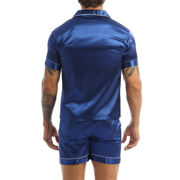 Mens Shiny Satin Pajamas Set Short Sleeves Button Down Shirt with Boxer Short