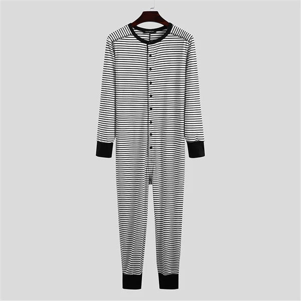 Mens One-Piece Pajamas Long Sleeve Button Bodysuits Jumpsuits Sleepwear Overalls