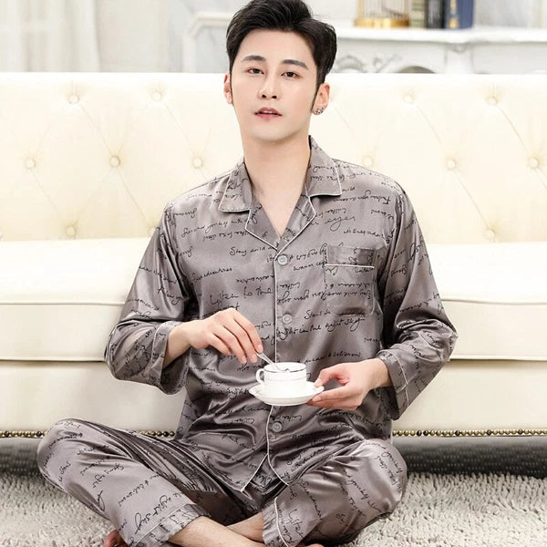 Mens Pajamas Nightwear Long Sleeve Sleep Tops Trousers Thin Ice Silk Pajamas Set