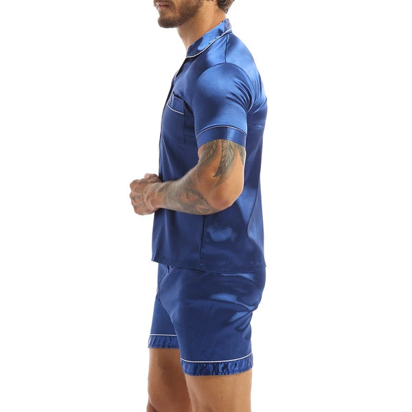 Mens Shiny Satin Pajamas Set Short Sleeves Button Down Shirt with Boxer Short