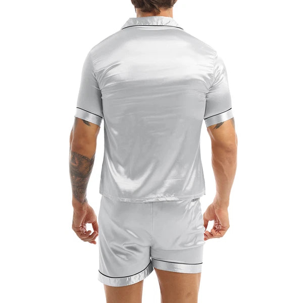 Men's Short Sleeve Satin Pajama Set with Shorts Classic Sleepwear Loungewear