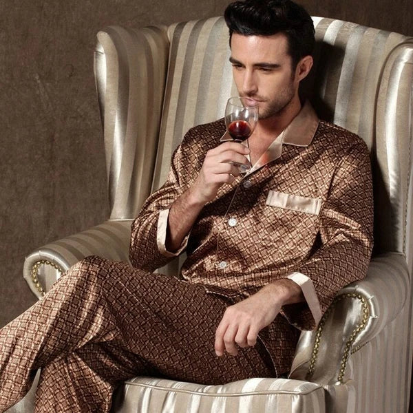 Mens Pajamas Nightwear Long Sleeve Sleep Tops Trousers Thin Ice Silk Pajamas Set