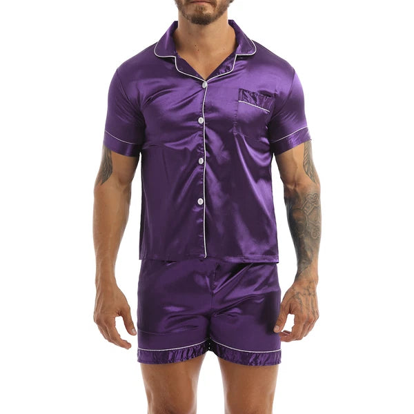 Men's Short Sleeve Satin Pajama Set with Shorts Classic Sleepwear Loungewear