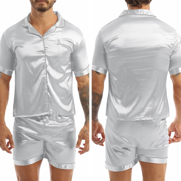 Mens Shiny Satin Pajamas Set Short Sleeves Button Down Shirt with Boxer Short
