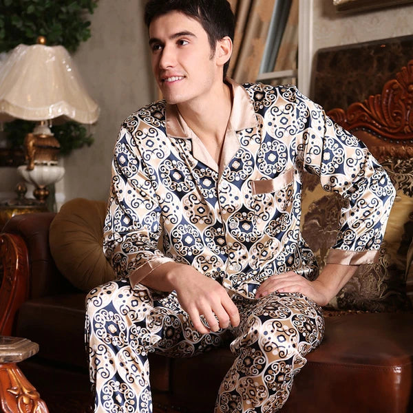 NWT 2PCS Mens Silk Satin Pajamas Sleepwear Pyjamas PJS Long Sleeve M029 M L
