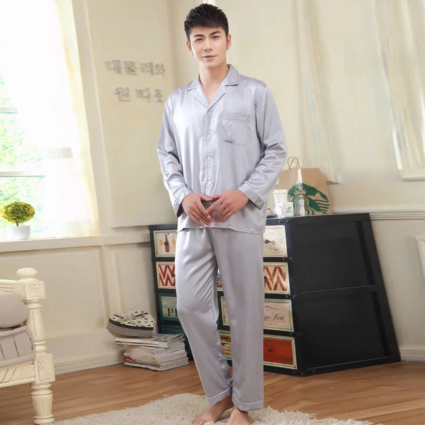 NWT 2PCS Mens Silk Satin Pajamas Sleepwear Pyjamas PJS Long Sleeve M038 M L