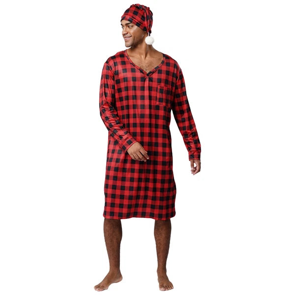 Mens Nightwear Satin Silk Pajama Set  long Sleeve and hat Sleepwear Nightgown