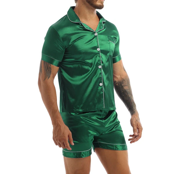 Men's Short Sleeve Satin Pajama Set with Shorts Classic Sleepwear Loungewear
