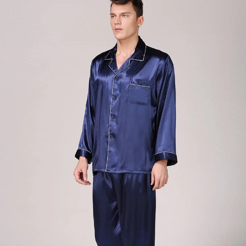 Mens Pajamas Nightwear Long Sleeve Sleep Tops Trousers Thin Ice Silk Pajamas Set