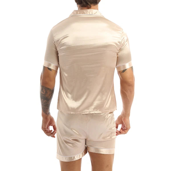 Men's Short Sleeve Satin Pajama Set with Shorts Classic Sleepwear Loungewear