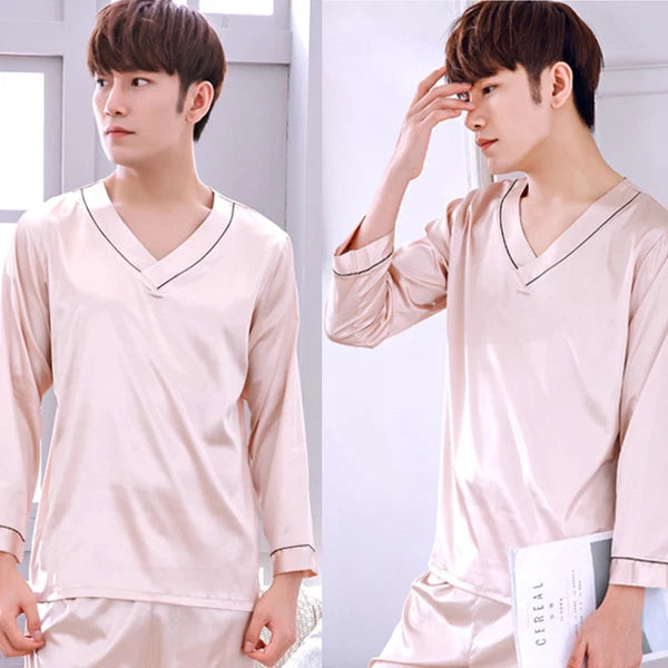 NWT 2PCS Mens Silk Satin Pajamas Sleepwear Pyjamas PJS Long Sleeve M031 M L XL