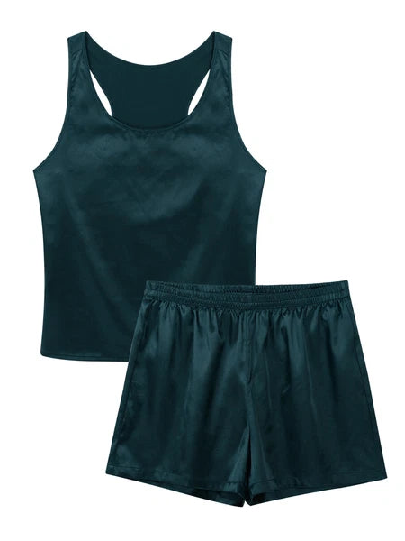 Mens Pajama Set Silky Satin Sleepwear Smooth Tank Top and Shorts 2 Pieces Set