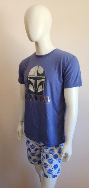 Star Wars Mens Mandalorian Blue Grey Printed 2 Piece Pyjama Set Size S New