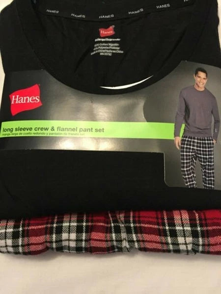 NWT Men's Hanes Long Sleeve Crew Top - Flannel Pant - Set Pajamas PJs Red / Gray