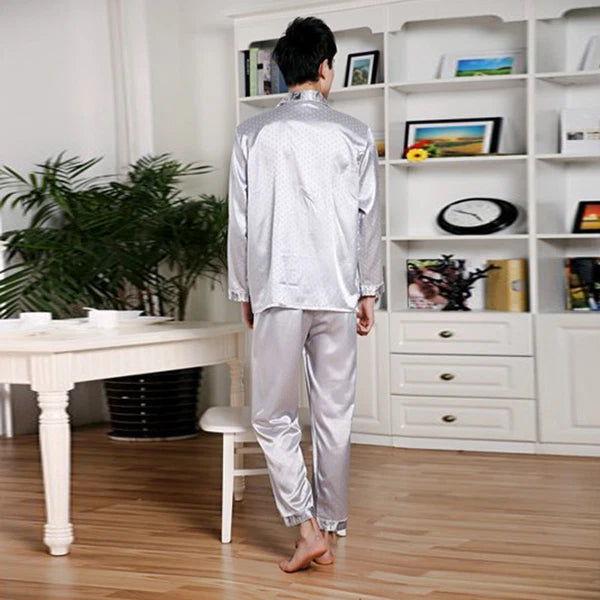 NWT 2PCS Mens Silk Satin Pajamas Sleepwear Pyjamas PJS Long Sleeve M024  M,L,XL