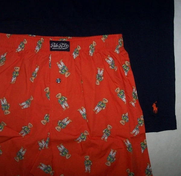 NWT Polo Ralph Lauren Orange/Navy BEACH BEAR Pajama/Undies BOXER SET Men XL PONY