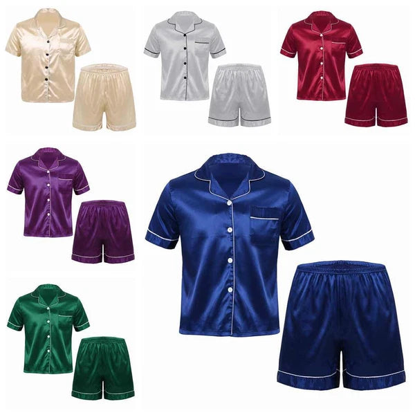 Mens Shiny Satin Pajamas Set Short Sleeves Button Down Shirt with Boxer Short