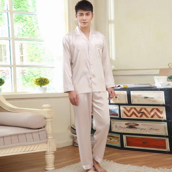 NWT 2PCS Mens Silk Satin Pajamas Sleepwear Pyjamas PJS Long Sleeve M038 M L