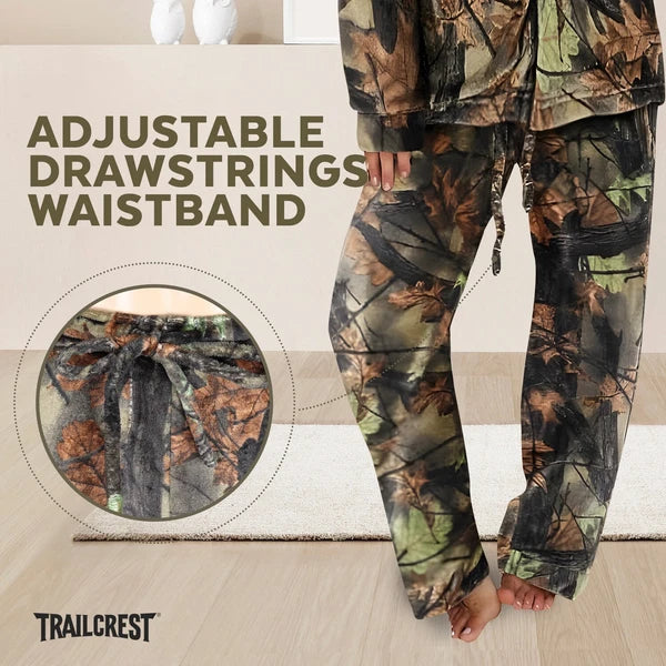 TrailCrest by Treel Camo Soft Plush Fleece Button L/S Shirt & Pants Pajama Set