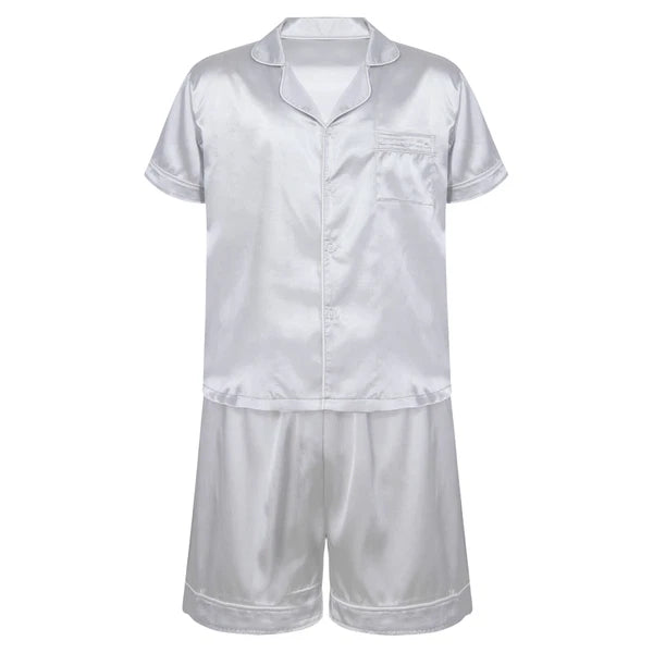 Mens Shiny Satin Pajamas Set Short Sleeves Button Down Shirt with Boxer Short